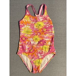 Speedo One Piece Swimsuit Size 14 Pink Orange Floral Athletic Swim Bathing Suit